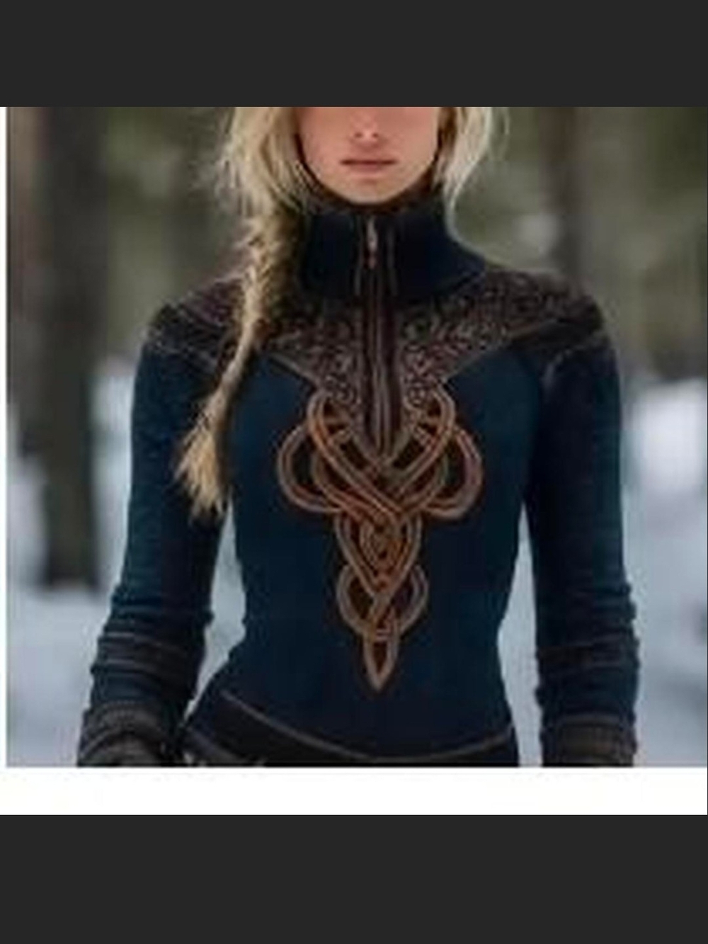 Navy Zip Turtleneck Sweater with Brown Celtic Embroidery